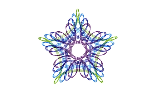 A spirograph picture of a star in green, blue and purple