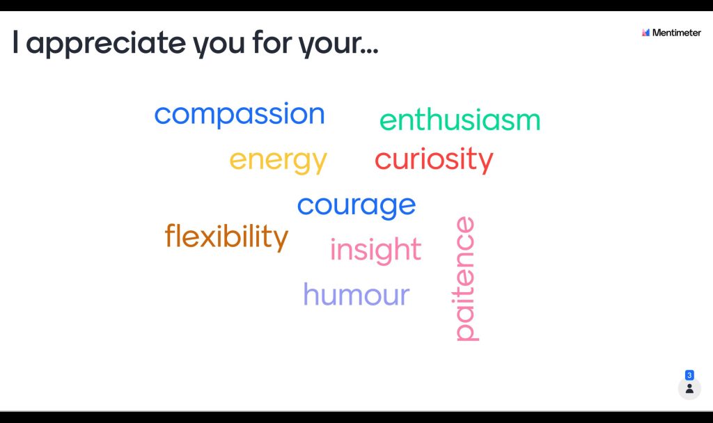 A word cloud. Title says: I appreciate you for your ... Words say: compassion, energy, flexibility, enthusiasm, curiosity, courage, insight, humour, paitence.