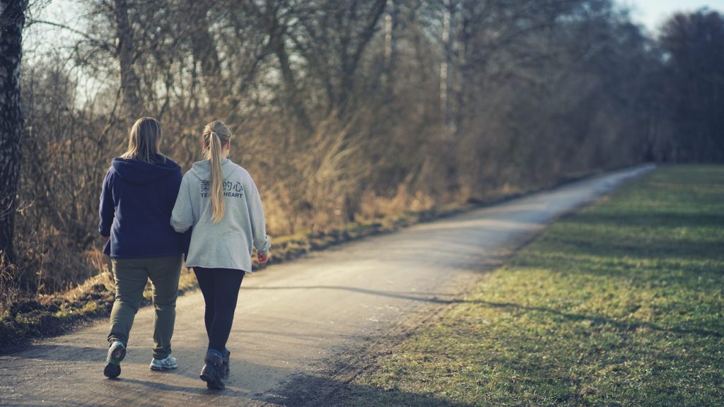 Two people, with their back to us, waking down a path in a park.