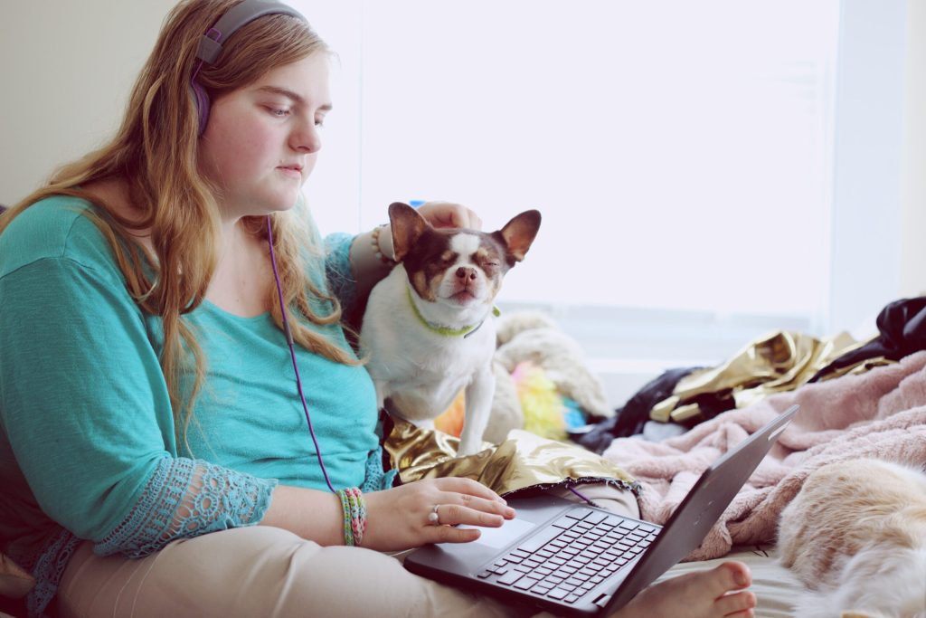 A person sitting on their bed with their small dog, holding a laptop and looking frustrated.